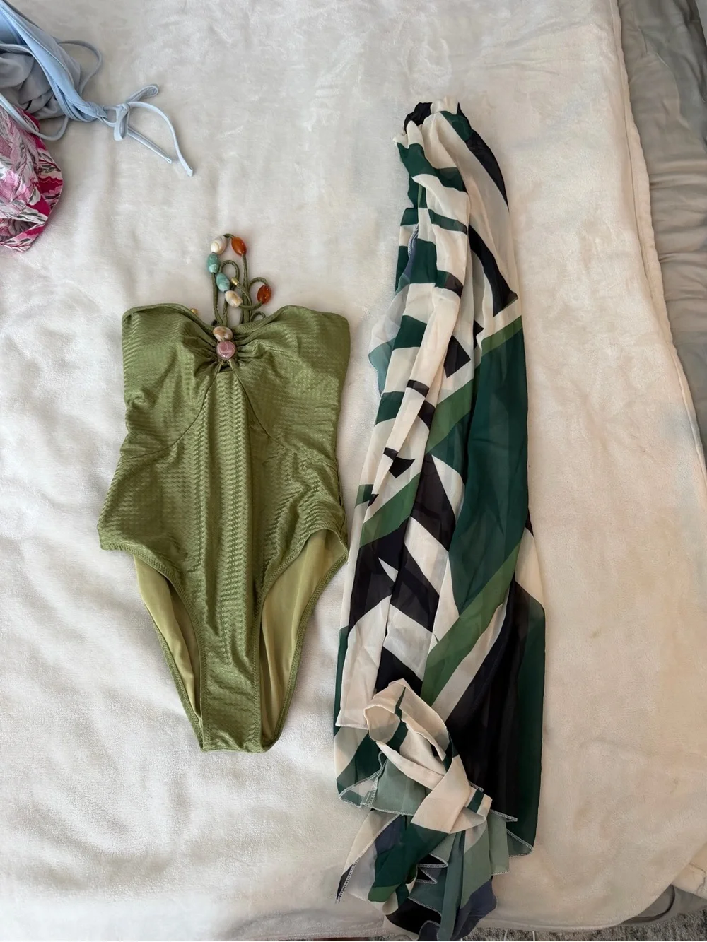Olive Green Textured One-Piece Swimsuit with Bead Accent